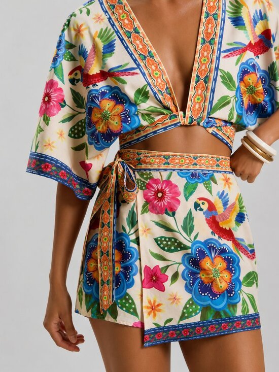 Pants - Women’s Boho Floral Print Two Piece Set Crop Top High Waist Shorts Outfit